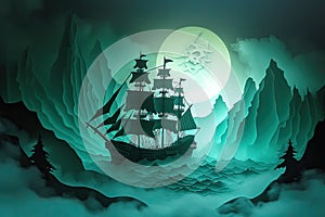 A haunted pirate ship sailing on a mysterious and foggy sea Ghostly ship