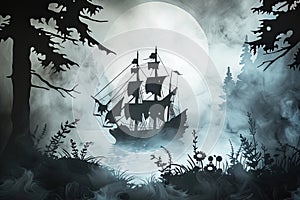 A haunted pirate ship sailing on a mysterious and foggy sea Ghostly ship