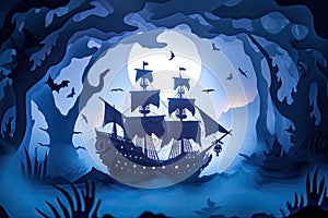 A haunted pirate ship sailing on a mysterious and foggy sea Ghostly ship