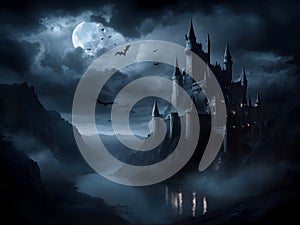 A haunted scary castle house with bats and spiders halloween background misty horror night moon light