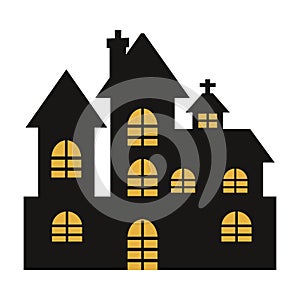 Haunted scary castle vector design on a white background. Halloween spooky castle silhouette design with yellow color shade.
