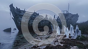 A haunted shipwreck looms on a misty shore