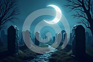 Haunted Watercolor Graveyard: Supernatural Shadows Under Crescent Moonlight photo