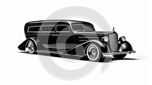 Haunting Elegance: Black Old Fashioned Car Hearse On White Background