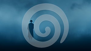 Haunting Figurative Man Standing In Blue Fog With Hat