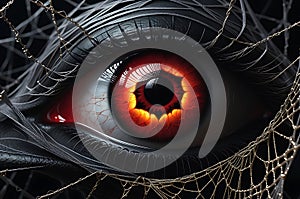 Haunting Gaze: Halloween-Themed Illustration of an Ominous Eye with Sable Sclera Peering Through Tangled Webs