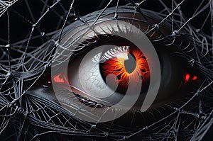 Haunting Gaze: Halloween-Themed Illustration of an Ominous Eye with Sable Sclera Peering Through Tangled Webs