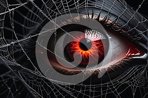 Haunting Gaze: Halloween-Themed Illustration of an Ominous Eye with Sable Sclera Peering Through Tangled Webs