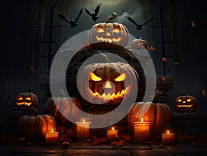 Haunting Halloween background with spooky Jack o Lanterns
