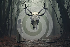 A Haunting Halloween in the Creepy Forest with an Evil Witch and a Mysterious Female Figure in a White Dress. Generative AI