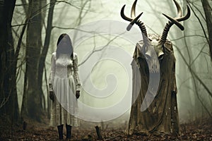 A Haunting Halloween in the Creepy Forest with an Evil Witch and a Mysterious Female Figure in a White Dress. Generative AI