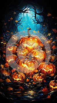 A haunting Halloween night with a vibrant pumpkin patch glow under twisted trees. AI generation