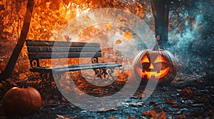 Haunting Halloween pumpkins on the ground. Background for Halloween