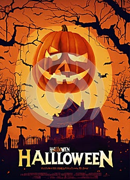 Spooky Halloween Pumpkin with Haunted House and Full Moon photo