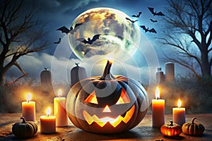 Mysterious full moon over Halloween candles photo