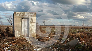 The haunting image of a lone tornado shelter still standing amidst the destruction providing a small glimmer of hope