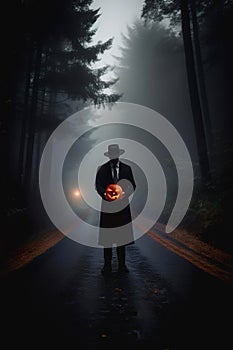 Haunting man is coming with Jack o lantern through the woods