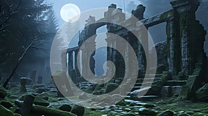 Haunting Moonlit Temple Ruins./n