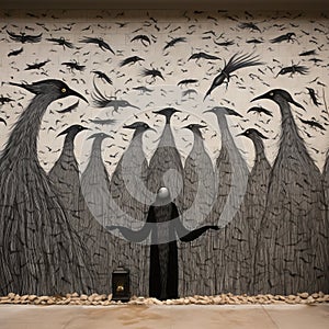 Haunting Mural Of Birds With Person: A Dramatic And Ominous Phoenician Art Sculpture