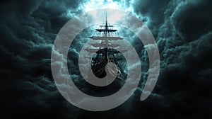 A haunting pirate ship emerges menacingly from swirling dark storm clouds, creating a mysterious and eerie atmosphere photo
