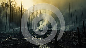 Haunting post-blaze scene with silhouetted charred trees and fog at dawn. Forest fires