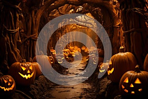 Haunting Pumpkin forest halloween scary. Generate Ai