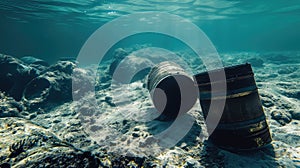 A haunting sight, rusty barrels mar the ocean floor, poisoning nature's sanctuary.