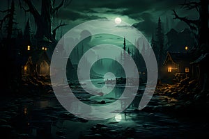 Haunting Spooky Forest Night Scene with Moonlight, Dark Clouds, Haunted Houses, and Dark Woods. Halloween Background