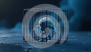 a haunting yet symbolic visualization of an artificial intelligence model trapped inside a cage form