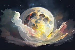 A hauntingly beautiful illustration of a big ghostly moon in the night sky, with eerie shadows and a mystical aura