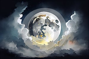 A hauntingly beautiful illustration of a big ghostly moon in the night sky, with eerie shadows and a mystical aura