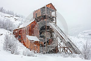 Abandoned coal mine covered in snow with rusty structures and a winter landscape background