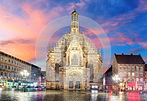 Hauptmarkt with Frauenkirche church andmarketplace in Nuremberg