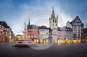 Hauptmarkt Square with Saint Peter Fountain (Petrusbrunnen) and Saint Gangolf Church Tower - Trier, Germany