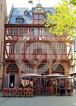 Haus zur Goldenen Waage, medieval half-timbered house in the old town, Frankfurt, Germany