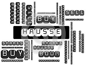 HAUSSE - image with words associated with the topic STOCK EXCHANGE, word cloud, cube, letter, image, illustration