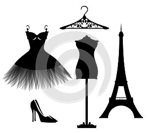 Haute couture little black dress and eiffel tower vector silhouette design set