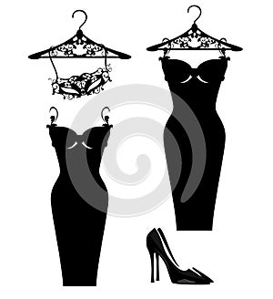 Haute couture little black dress vector silhouette and outline design set