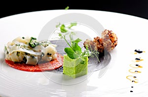 Haute cuisine, Gourmet appetizer, squid, shrimp tempura