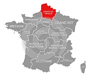 Hauts de France red highlighted in map of France photo