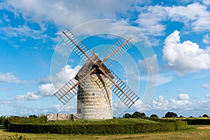 Horizontal view of the historic windmill Moulin de Pierre in Hauville in Normandy