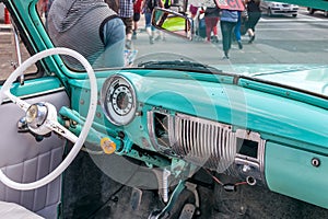HAVANA, CUBA - APRIL 5, 2017: American blue classic car parked along the road in Havana Cuba City. Interior detail