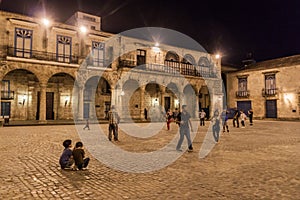 HAVANA, CUBA - FEB 20, 2016: Evening view of old colonial buildings on Plaza de la Catedral square in Havana Viej