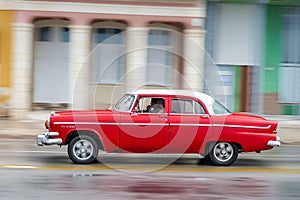 HAVANA, CUBA - OCTOBER 21, 2017: Old Car in Havana, Cuba. Pannnig. Retro Vehicle Usually Using As A Taxi For Local People and Tour