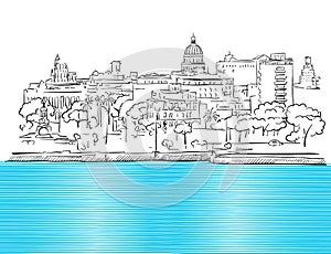 Havana Cuba Panorama with colored Sea Sketch