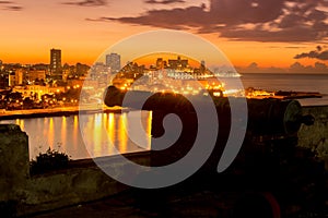 Havana at night with an old spanish cannon