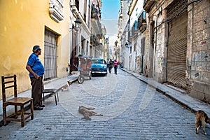 Havana, Street life with dogs, classic car, cycle taxi in small street with view to Capitolio, Cuba