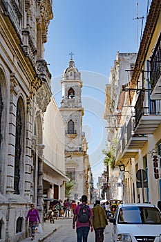 Havana, Street life and view with colonial buildings and Church La Iglesia de San Agustin o San Francisco el Nuevo Havana, Cuba