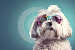 Havanese dog puppy in sunglass shade glasses isolated on solid pastel background
