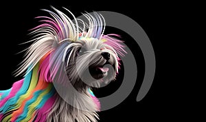 Havanese with a multi colored mohawk on his head on a black background